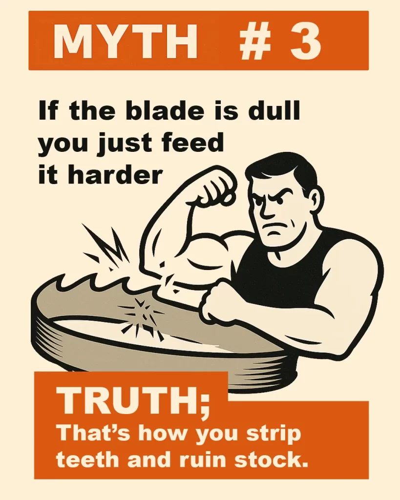 Pushing harder doesn’t cut faster — it just grinds teeth, heats the blade, and gives you a nasty burr or burn.
