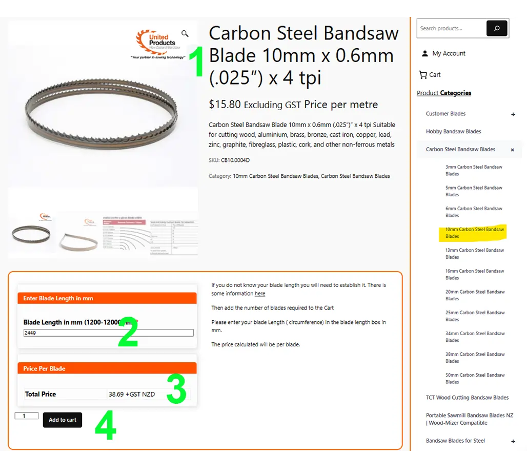 Bandsaw blade length entry and price calculator example United Products NZ
