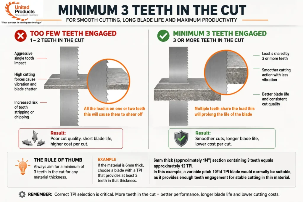 Diagram explaining the minimum 3 teeth in the cut rule for metal cutting bandsaw blades and correct TPI selection.