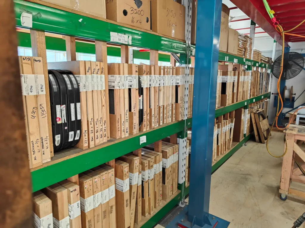 Part of our working coil inventory supporting daily production of common industrial bandsaw blade sizes and exact machine lengths.