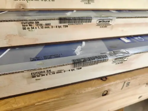 Two 50-metre coils of WIKUS FUTURA SN TCT bandsaw blade steel in shipping cases