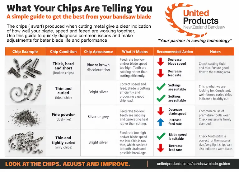 Bandsaw swarf and metal chip guide showing how chip shape and colour indicate correct blade speed and feed rate